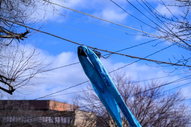 Storm damage from Monday night's strong winds is seen Tuesday, March 17, 2026, in an alleyway between Devonshire Road and South 12th Street in Allentown. Storms blew off roofs and downed trees and power lines around the Lehigh Valley, leaving thousands without electricity. (April Gamiz/The Morning Call)