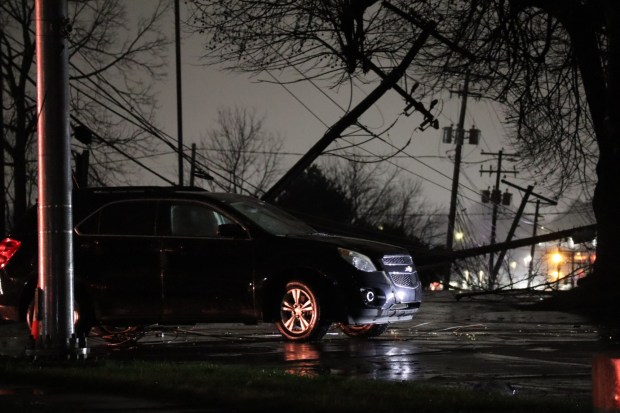 Storms bring strong winds late night Monday, March 16, 2026, on South 12th and Downyflake Lane in Allentown, downing trees and wires, and leading to widespread power outages. (Rich Rolen/Special to The Morning Call)