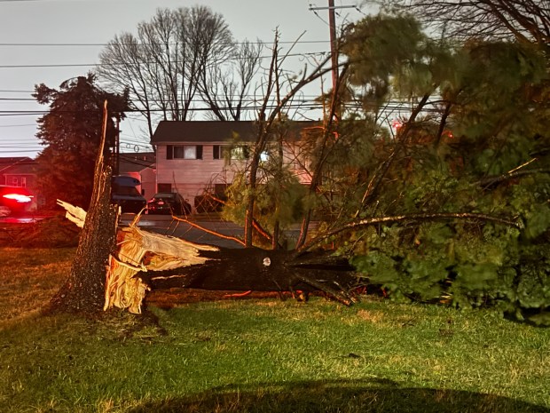 Storms bring strong winds late night Monday, March 16, 2026, on South 12th and Downyflake Lane in Allentown, downing trees and wires, and leading to widespread power outages. (Rich Rolen/Special to The Morning Call)