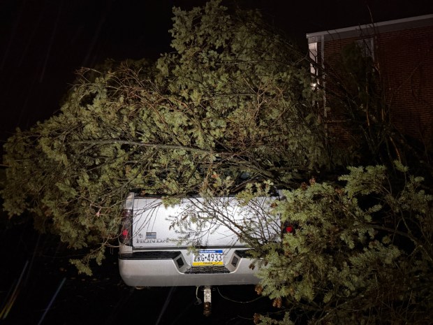 Storms bring strong winds late Monday, March 16, 2026, near Mack Blvd. in Allentown downing trees and wires, and leading to widespread power outages. (Rich Rolen/Special to The Morning Call)