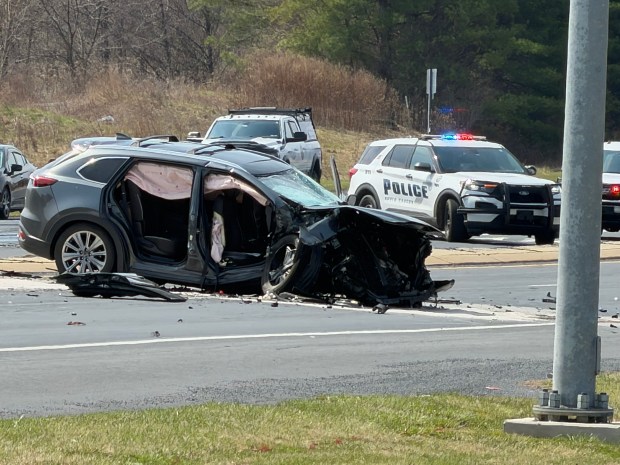 Multiple vehicles were involved in a crash Sunday, March 22, 2026, in Upper Saucon Township. The Lehigh County coroner's office responded to the crash, which closed Center Valley Parkway. (Joseph Giacalone/Contributed photo)