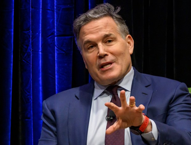 U.S. Sen. Dave McCormick, R-Pa., discusses the government's role in supporting artificial intelligence and innovation with Lehigh University President Joseph J. Helble on Thursday, Dec. 4, 2025, during Lehigh University's Compelling Perspectives program at the school's Packard Laboratory Room in Bethlehem. (April Gamiz/The Morning Call)