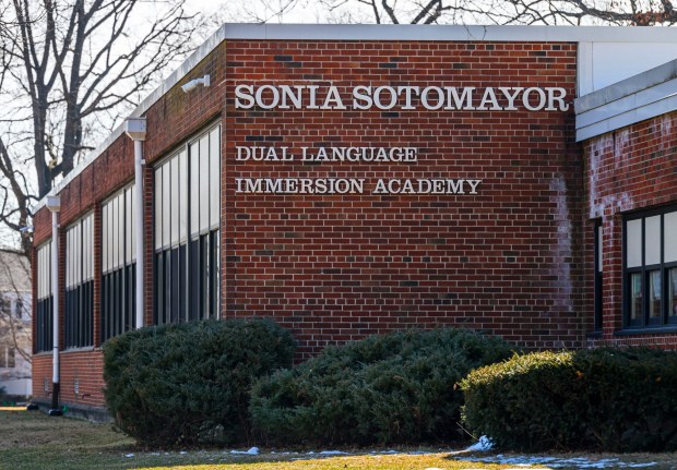 The former Midway Manor Elementary School, now the Sonia Sotomayor Dual Language Immersion Academy, is seen Friday, Feb. 27, 2026, in Allentown. Neighbors were worried that plans to expand the school would lead to the demolition of a community concession stand and adjoining "maintenance building'" structures. However, Allentown School Board members approved a plan that would leave them intact. (April Gamiz/The Morning Call)