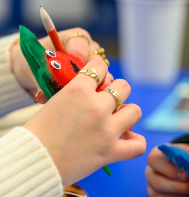 Moravian University student Lillian Driscoll engages with third grader Jaxon B. on Monday, March 2, 2026, at William Penn Elementary School in Bethlehem, where Moravian University students are running a story workshop for third graders. The university students, part of Moravian's art and child development education course, are using puppets to engage the third graders in shaping characters and themes for original children's books. (April Gamiz/The Morning Call)