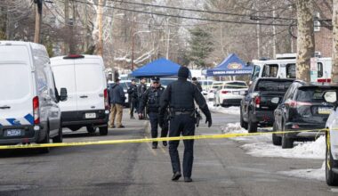Police investigate the scene of a shooting near Edgehill Court apartment complex on Feb. 25. Francis Collier was shot by Lower Merion officers there as he got into his car.