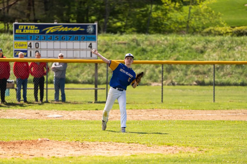 FILE -- Ryan Schenfield makes the play at first during Otto-Eldred's season-closing win over Cameron County on Tuesday, June 10. | File photo by Hunter O. Lyle