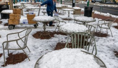 Snow remains in a cafe’s outdoor seating on the University of Pennsylvania late last month. Temperature changes in March have been dramatic.