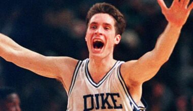 Duke's Christian Laettner after his basket at the buzzer beat Kentucky in the NCAA Tournament at the Spectrum on March 28, 1992.