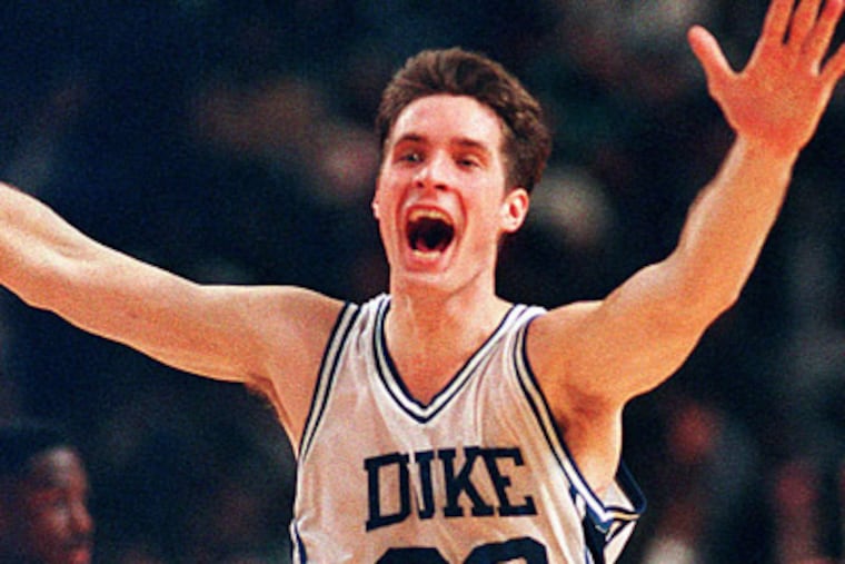 Duke's Christian Laettner after his basket at the buzzer beat Kentucky in the NCAA Tournament at the Spectrum on March 28, 1992.