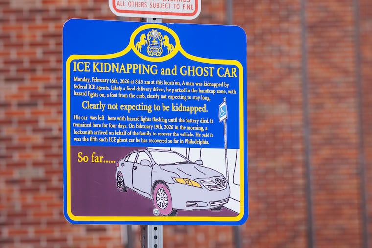 The fake historic marker posted to commemorate an "ICE Kidnapping and Ghost Car" disappeared from the west side of Fairmount Avenue at North Fifth Street on Monday. A "ghost car" refers to a vehicle that's left behind when ICE arrests the driver.