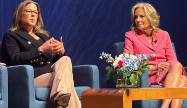 First Lady of Pennsylvania Lori Shapiro (left) speaks at an America 250 PA event for Women's History Month alongside former First Lady Jill Biden.