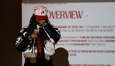 Keyssh Datts, founder and executive director of Decolonize Philly, becomes emotional while describing her dealings with the Federation of Neighborhood Centers during a town hall in February.