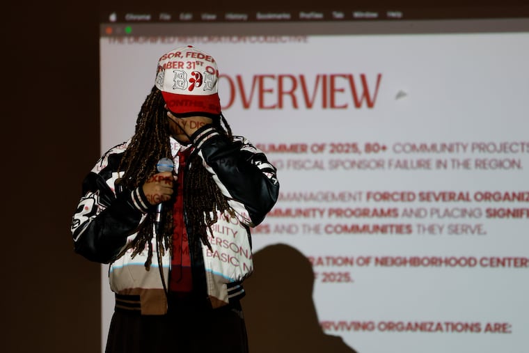 Keyssh Datts, founder and executive director of Decolonize Philly, becomes emotional while describing her dealings with the Federation of Neighborhood Centers during a town hall in February.