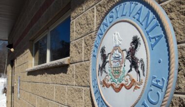 A sign marks the location of the barracks for the Pennsylvania State Police in Blooming Grove Township, Pa.