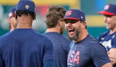 Kyle Schwarber (right) has been lauded for his veteran leadership during Team USA's run to the World Baseball Classic final.