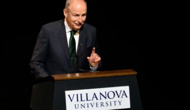 Irish Prime Minister, Taoiseach Micheál Martin speaks at Villanova University, Saturday, March 14, 2026, ahead of St. Patrick’s Day. Martin visits the university to discuss 250 years of Irish American history and the enduring ties between the two nations.