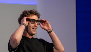 Meta CEO Mark Zuckerberg demonstrating Meta Ray-Ban Display glasses in September 2025.