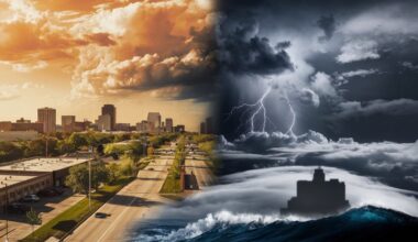 A dynamic composite showing three phases: a warm sunny midwest city with rising temperatures, a powerful storm forming along a cold front, and a wave of cold air sweeping in with clouds and wind, all blended in a bold, high-contrast, hyper realistic cinematic composition showcasing dramatic seasonal transition