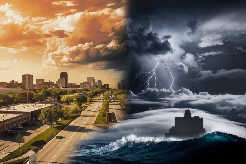 A dynamic composite showing three phases: a warm sunny midwest city with rising temperatures, a powerful storm forming along a cold front, and a wave of cold air sweeping in with clouds and wind, all blended in a bold, high-contrast, hyper realistic cinematic composition showcasing dramatic seasonal transition