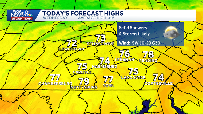 A strong cold front could spark strong to severe thunderstorms Wednesday afternoon into evening across South-Central Pennsylvania, with the greatest threat from about 1 p.m. to 9 p.m.