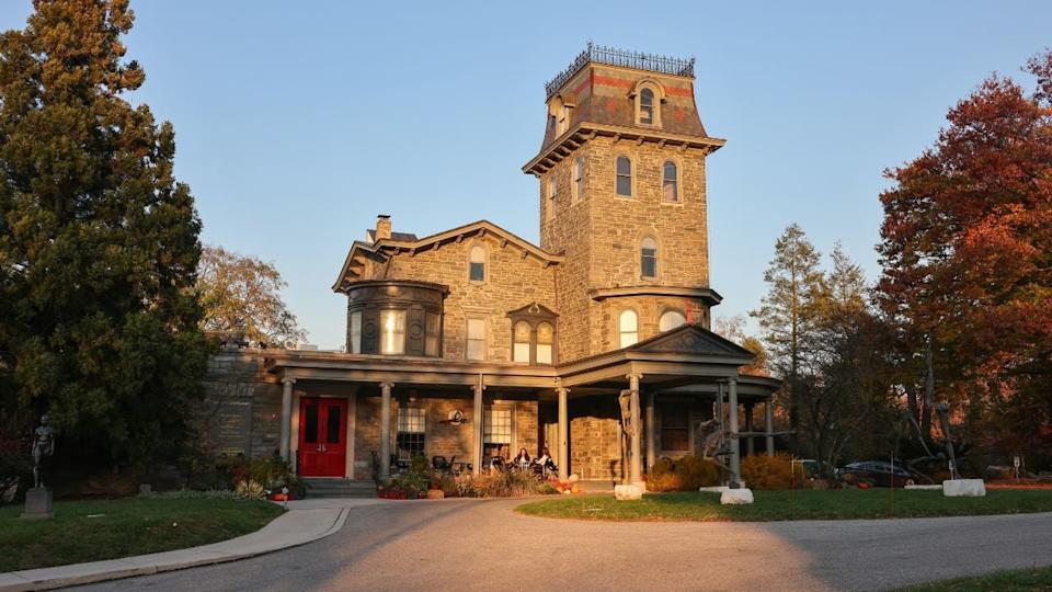 Philadelphia, Pennsylvania, USA - Nov 7, 2023: the elegant stone mansion of Woodmere Art Museum at sunset time