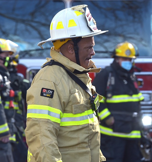 Former Upper Darby Fire Chief Derrick Sawyer at the scene of fire in 2021. He's been gone for 18 months and no one has replaced him on a permanent basiss, though Brian Boyce has served in an interim capacity. (DAILY TIMES)