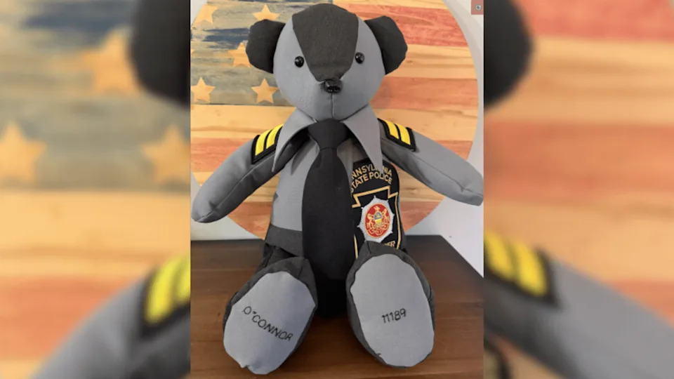 Timmy-Bear dons a Pennsylvania State Police uniform, and his feet bear O’Connor’s last name and badge number. | Parkesburg Borough Police Department