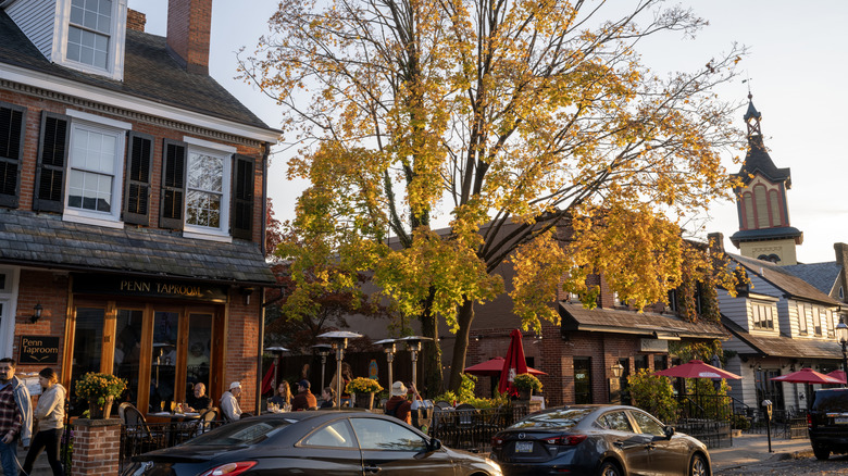 A street in downtown Doylesville, PA as the sun sets