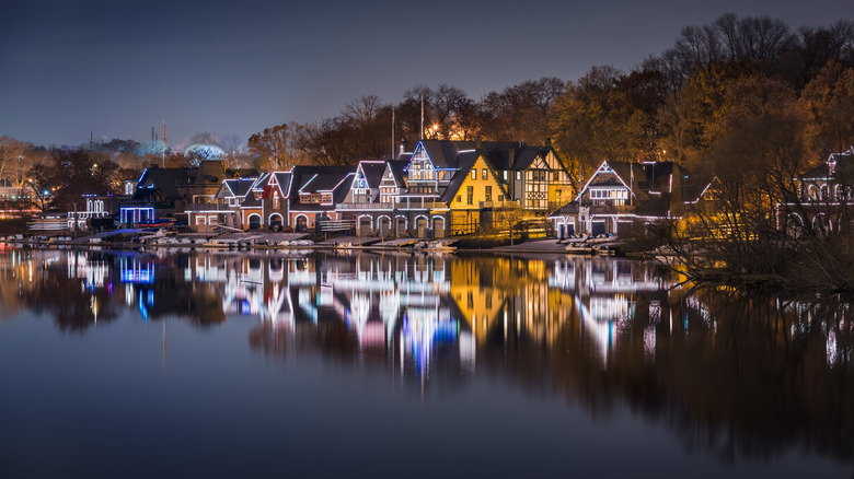 Homes along Boathouse Row, as seen traveling westbound on the Schuykill Expressway I-76
