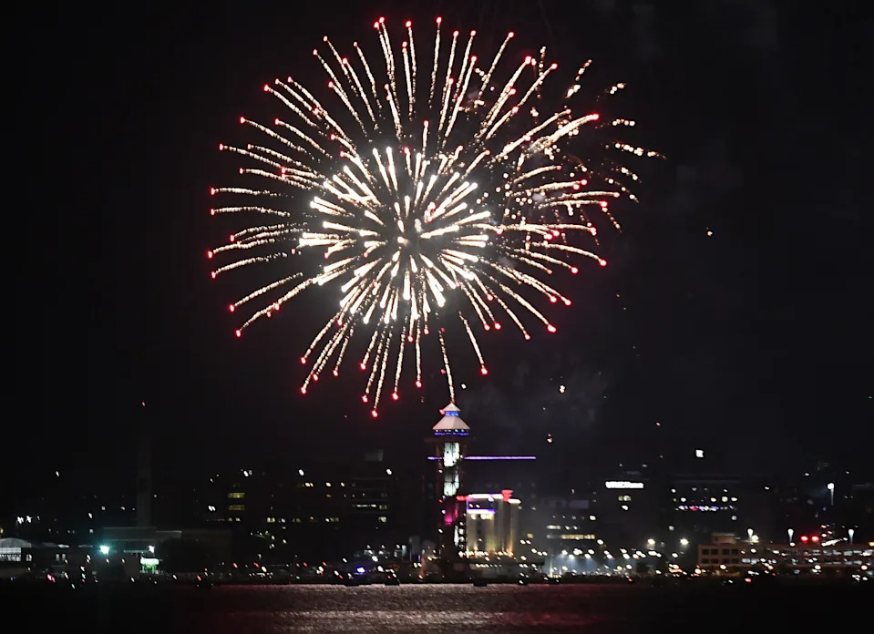 Fireworks explode above the Bicentennial Tower during Lights Over Lake Erie in Erie on July 3. The 2026 event will also celebrate America 250.