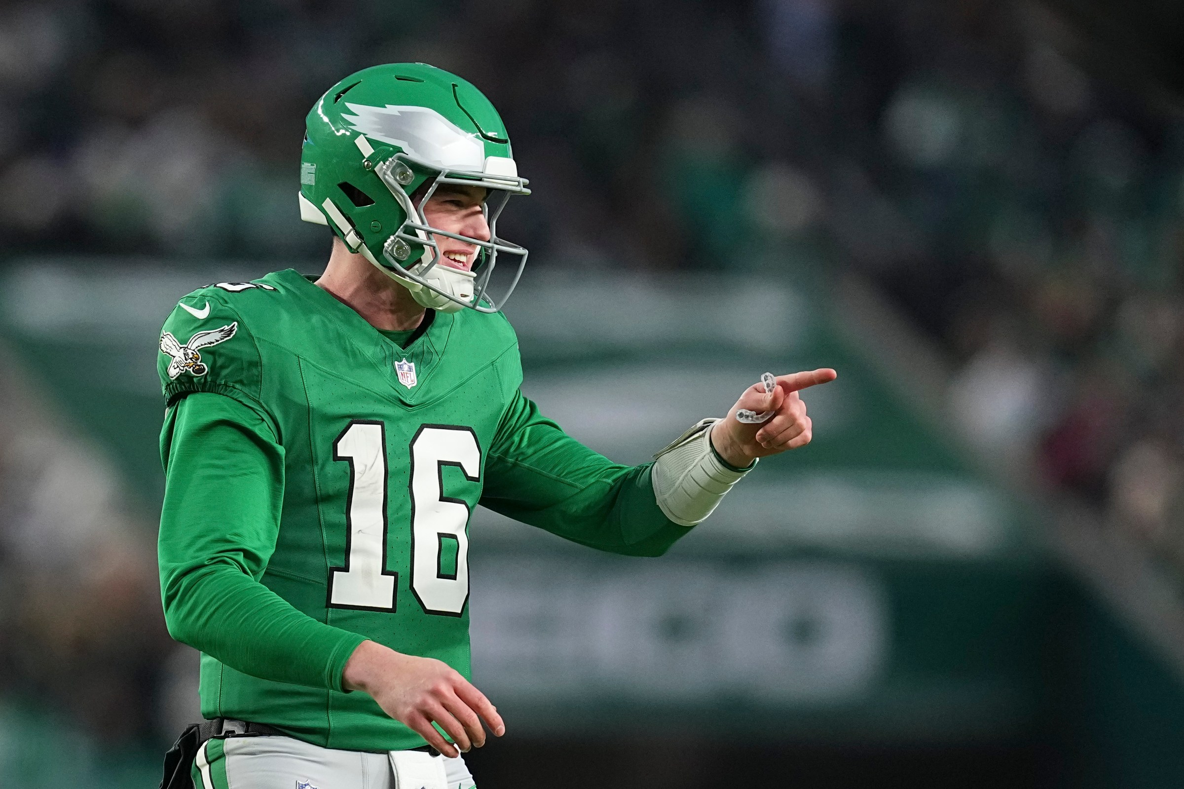 PHILADELPHIA, PENNSYLVANIA - JANUARY 4: Tanner McKee #16 of the Philadelphia Eagles looks on against the Washington Commanders at Lincoln Financial Field on January 4, 2026 in Philadelphia, United States. (Photo by Mitchell Leff/Getty Images)