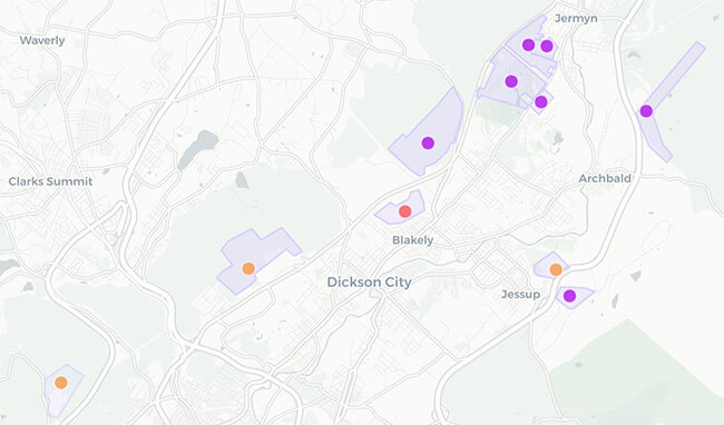 A map of Dickson City that shows 11 pieces of land shaded and marked as potential data centers. The data comes from Emilia Doda of trackdatacenters.com. 