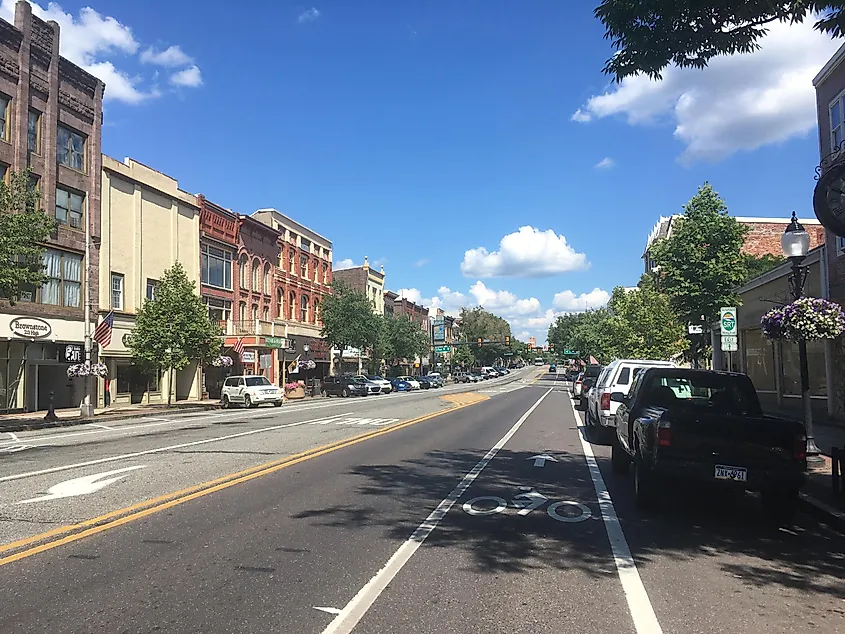 Eastbound High Street past the intersection with Hanover Street in Pottstown, Pennsylvania.