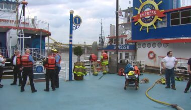 Boat damaged by fire at Gateway Clipper dock in Station Square