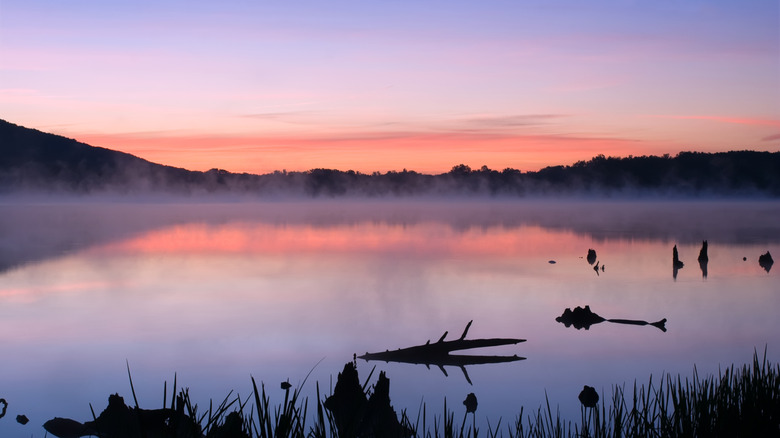 Mist floats off the water as sunrise reflects in Locust Lake's calm waters.