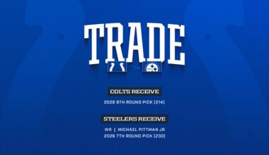 Colts acquire 2026 sixth-round pick in trade with Pittsburgh Steelers for wide receiver Michael Pittman Jr., 2026 seventh-round pick