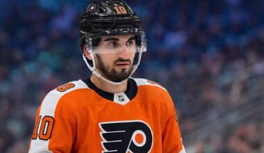 A photo visualization of Seattle Kraken center Matty Beniers wearing a Philadelphia Flyers orange home jersey, representing ongoing NHL trade rumors and speculative scenarios linking the two teams.