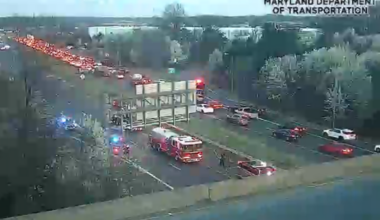 Burning vehicle causes backups on Outer Loop in Forestville