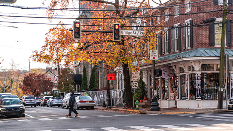 A car lined street in New Hope, PA in autumn