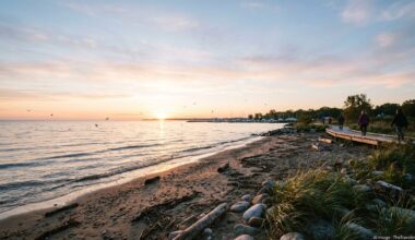 Sunrise over a quiet Lake Erie beach in Ohio with boardwalk, trees, and calm water.