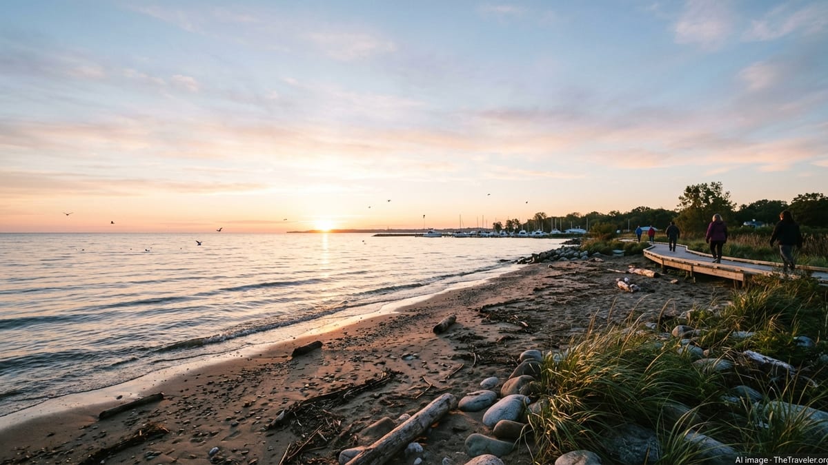 Sunrise over a quiet Lake Erie beach in Ohio with boardwalk, trees, and calm water.