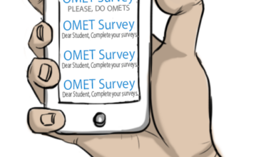 An illustration of a phone listing multiple reminders to fill out OMET surveys.