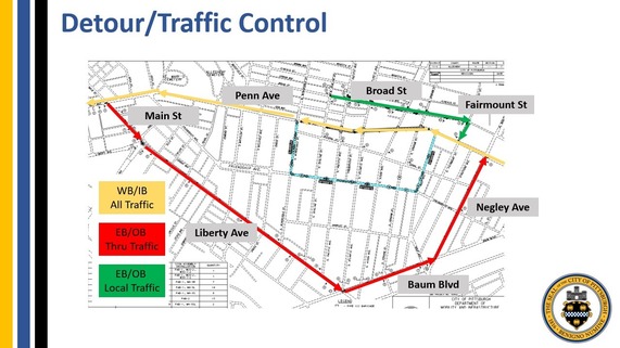 Map outlining the detours while Penn Ave is closed between Evaline and Graham Streets