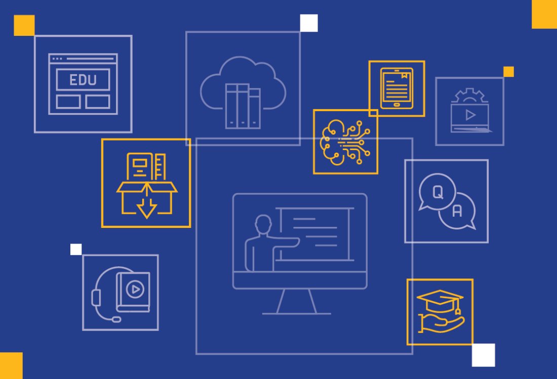 A graphic featuring technology, computers and images synonymous with digital learning, on a blue background