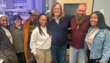 Prof Szkola and Prof Johnson building community in the workshop with Pittsburgh staff: (l-R: Darlene King of OBB, Kasey Macedo of City of Pittsburgh,  Danielle King of OBB, Markeya Lowry of OBB, Prof Szkola, Prof Johnson and Myah Lowry-Fowler of OBB.