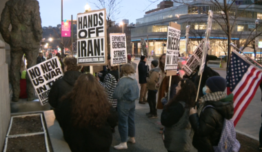 Protest forms in downtown Pittsburgh in response to war in Iran