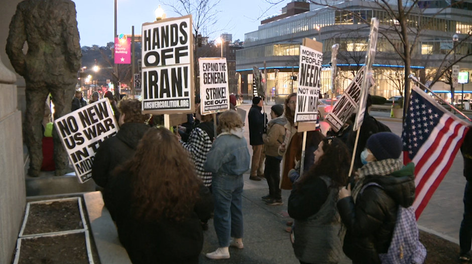 Protest forms in downtown Pittsburgh in response to war in Iran