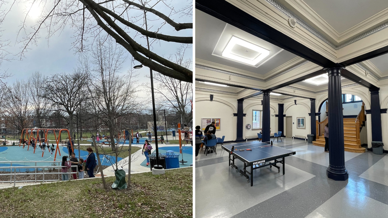 Right: Playground area at Kingsessing Rec Center. Left: Inside view of ping pong table
