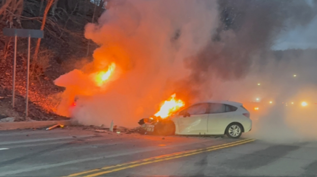Person taken to hospital after fiery crash on Route 8
