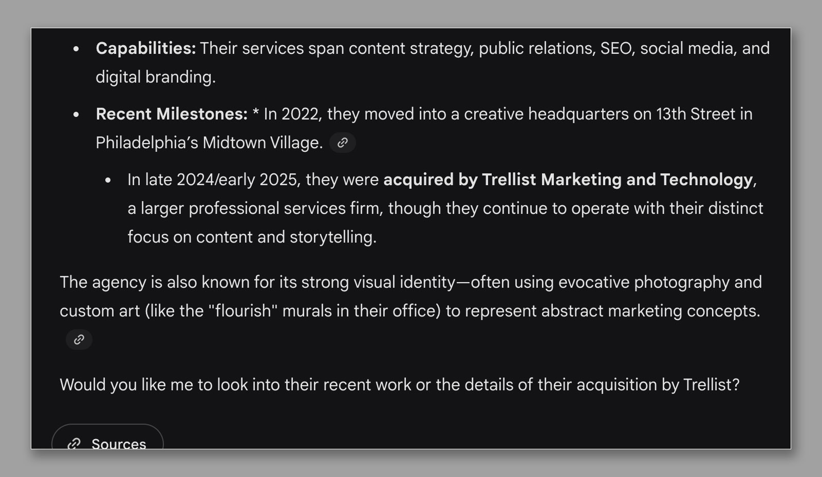 A screenshot of text describing a company's capabilities, recent milestones.